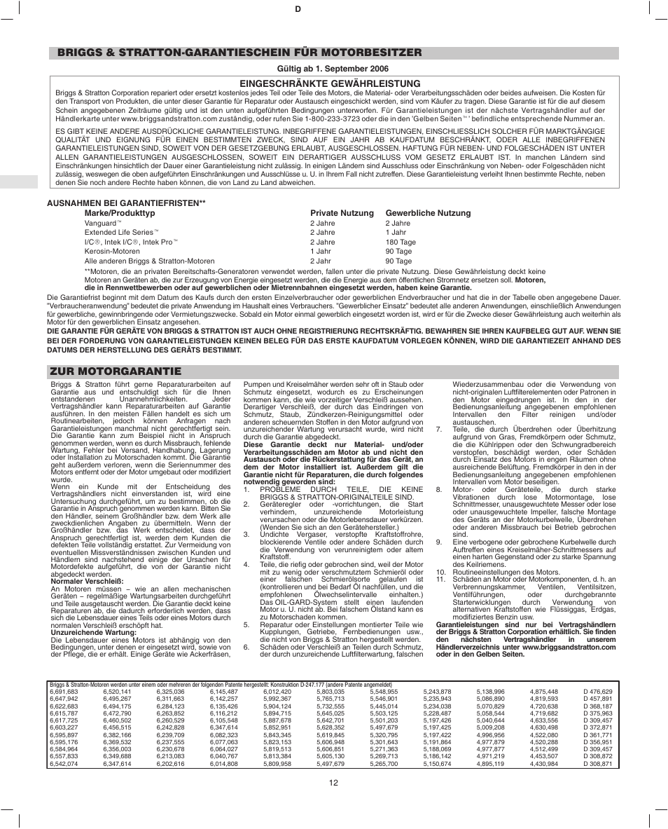 Briggs & stratton-garantieschein für motorbesitzer, Zur motorgarantie, Eingeschränkte gewährleistung | Briggs & Stratton Fource 21100 User Manual | Page 14 / 76