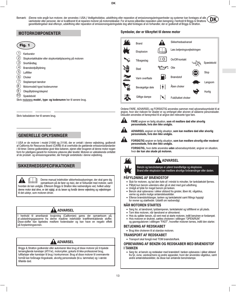 Motorkomponenter, Generelle oplysninger, Sikkerhedsspecifikationer | Briggs & Stratton Fource 21100 User Manual | Page 15 / 76