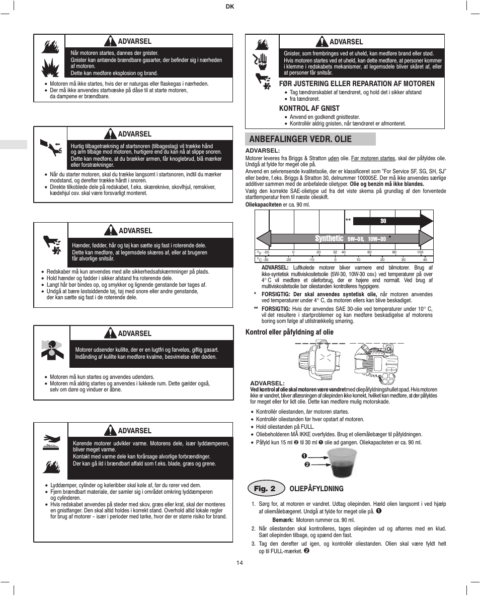 Anbefalinger vedr. olie | Briggs & Stratton Fource 21100 User Manual | Page 16 / 76