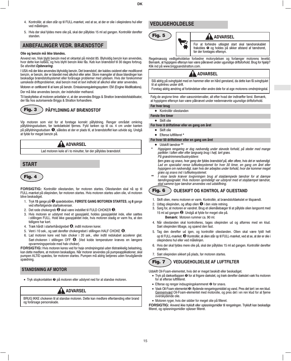 Anbefalinger vedr. brændstof, Start, Vedligeholdelse | Briggs & Stratton Fource 21100 User Manual | Page 17 / 76