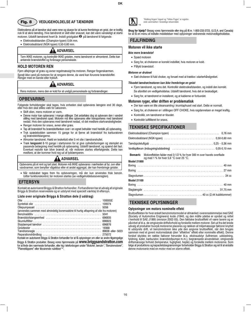 Opbevaring, Eftersyn, Fejlfinding | Tekniske specifikationer, Tekniske oplysninger, Hold motoren ren | Briggs & Stratton Fource 21100 User Manual | Page 18 / 76