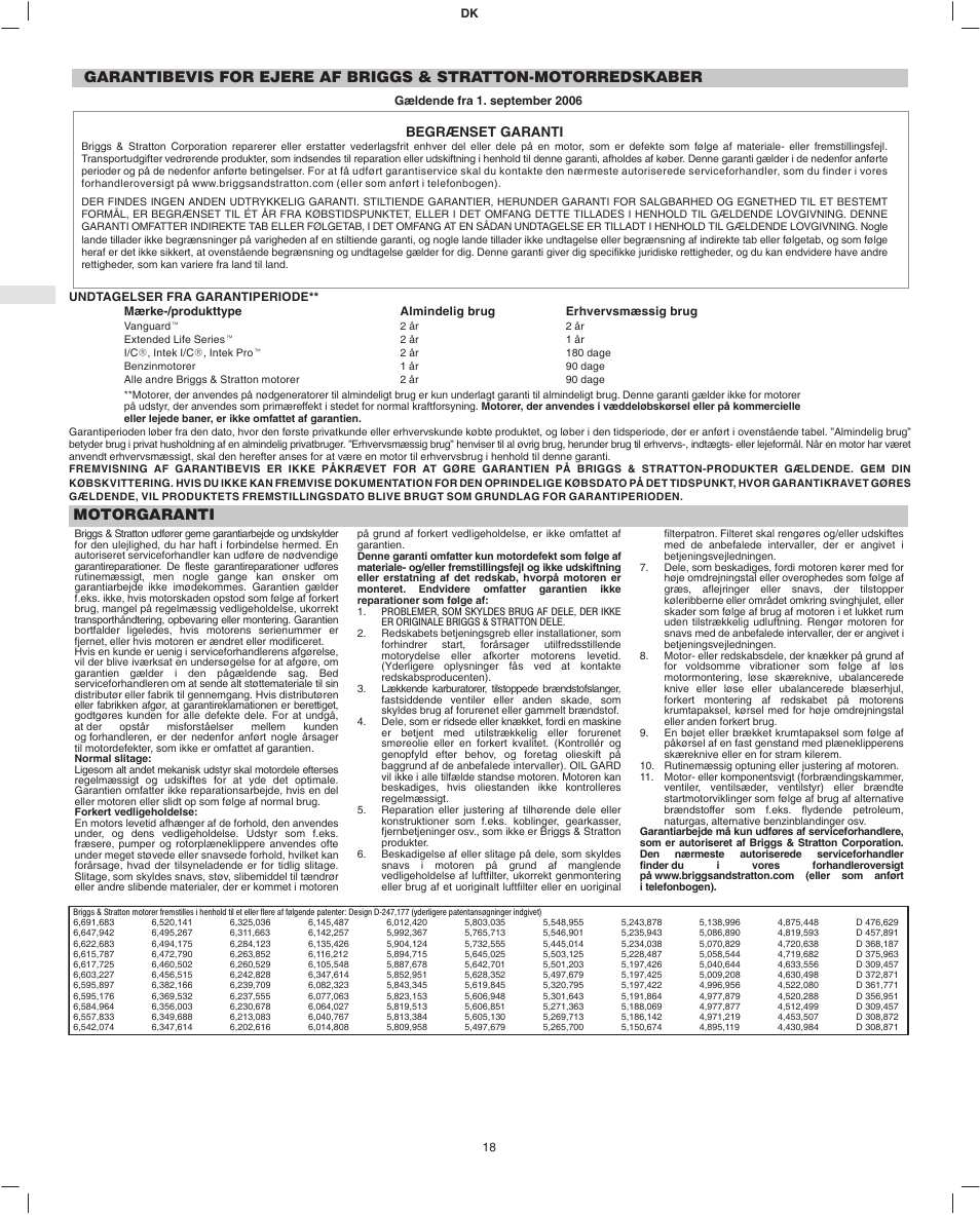Motorgaranti, Begrænset garanti | Briggs & Stratton Fource 21100 User Manual | Page 20 / 76