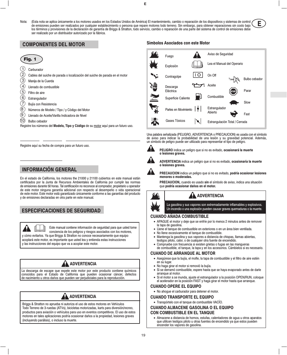 Componentes del motor, Información general, Especificaciones de seguridad | Briggs & Stratton Fource 21100 User Manual | Page 21 / 76