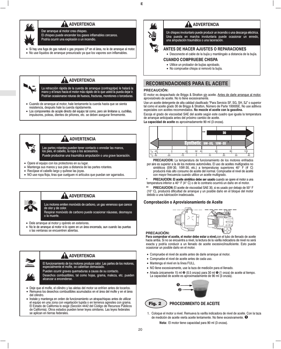Recomendaciones para el aceite | Briggs & Stratton Fource 21100 User Manual | Page 22 / 76
