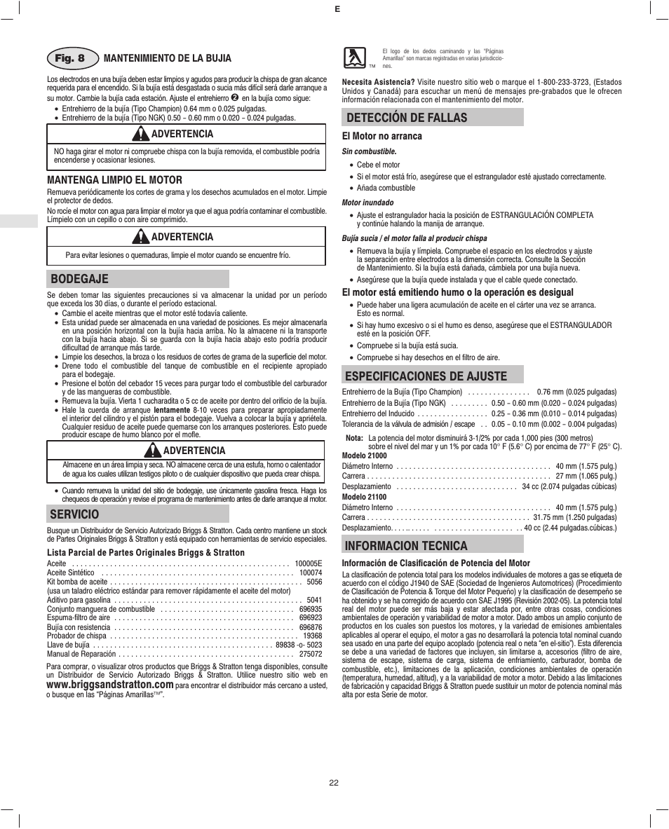 Bodegaje, Servicio, Detección de fallas | Especificaciones de ajuste, Informacion tecnica, Mantenga limpio el motor | Briggs & Stratton Fource 21100 User Manual | Page 24 / 76