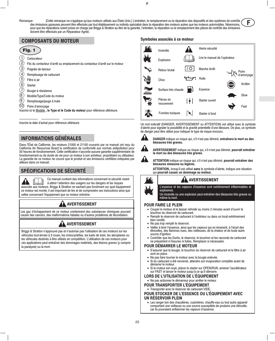 Composants du moteur, Informations générales, Spécifications de sécurité | Briggs & Stratton Fource 21100 User Manual | Page 27 / 76