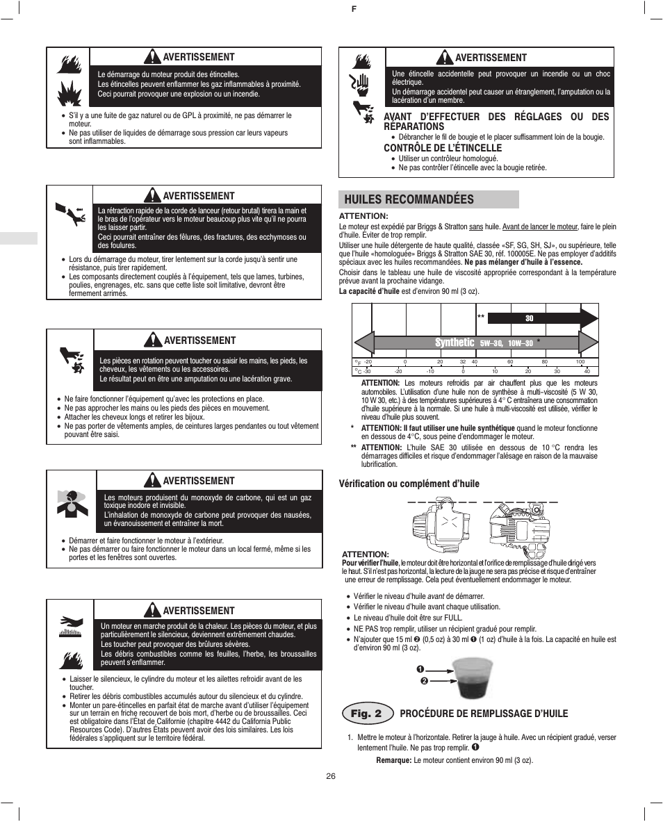Huiles recommandées | Briggs & Stratton Fource 21100 User Manual | Page 28 / 76
