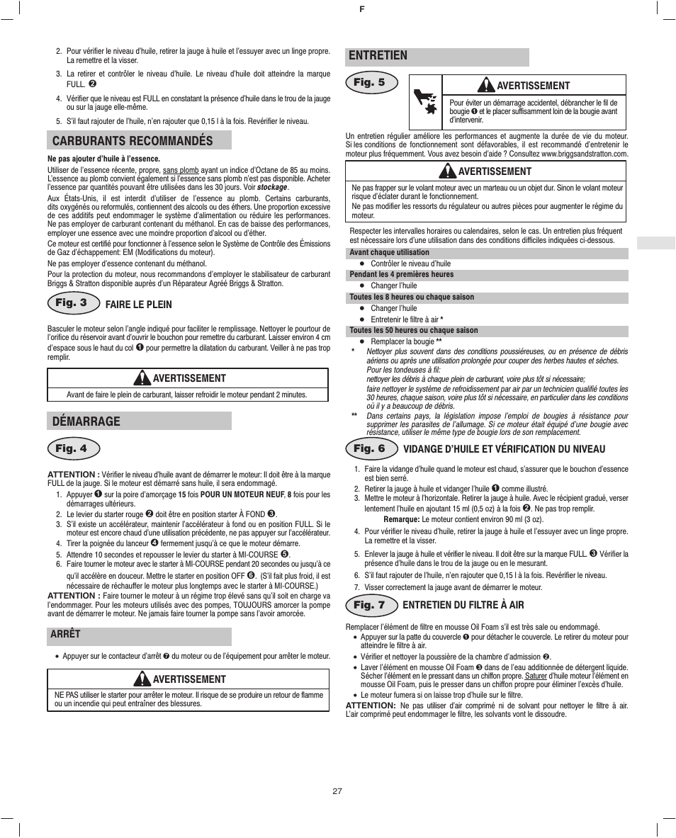 Carburants recommandés, Démarrage, Entretien | Briggs & Stratton Fource 21100 User Manual | Page 29 / 76