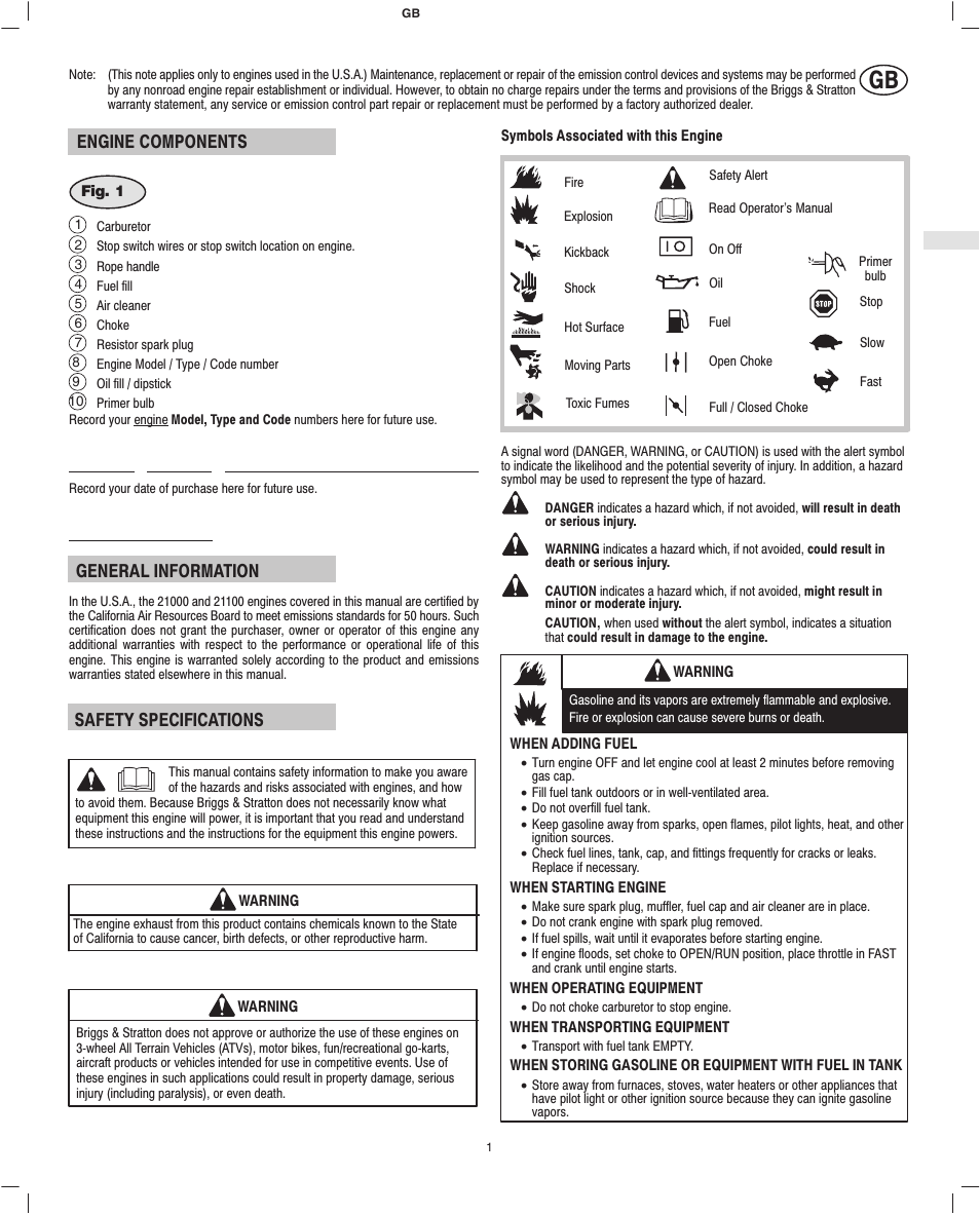 Engine components, General information, Safety specifications | Briggs & Stratton Fource 21100 User Manual | Page 3 / 76