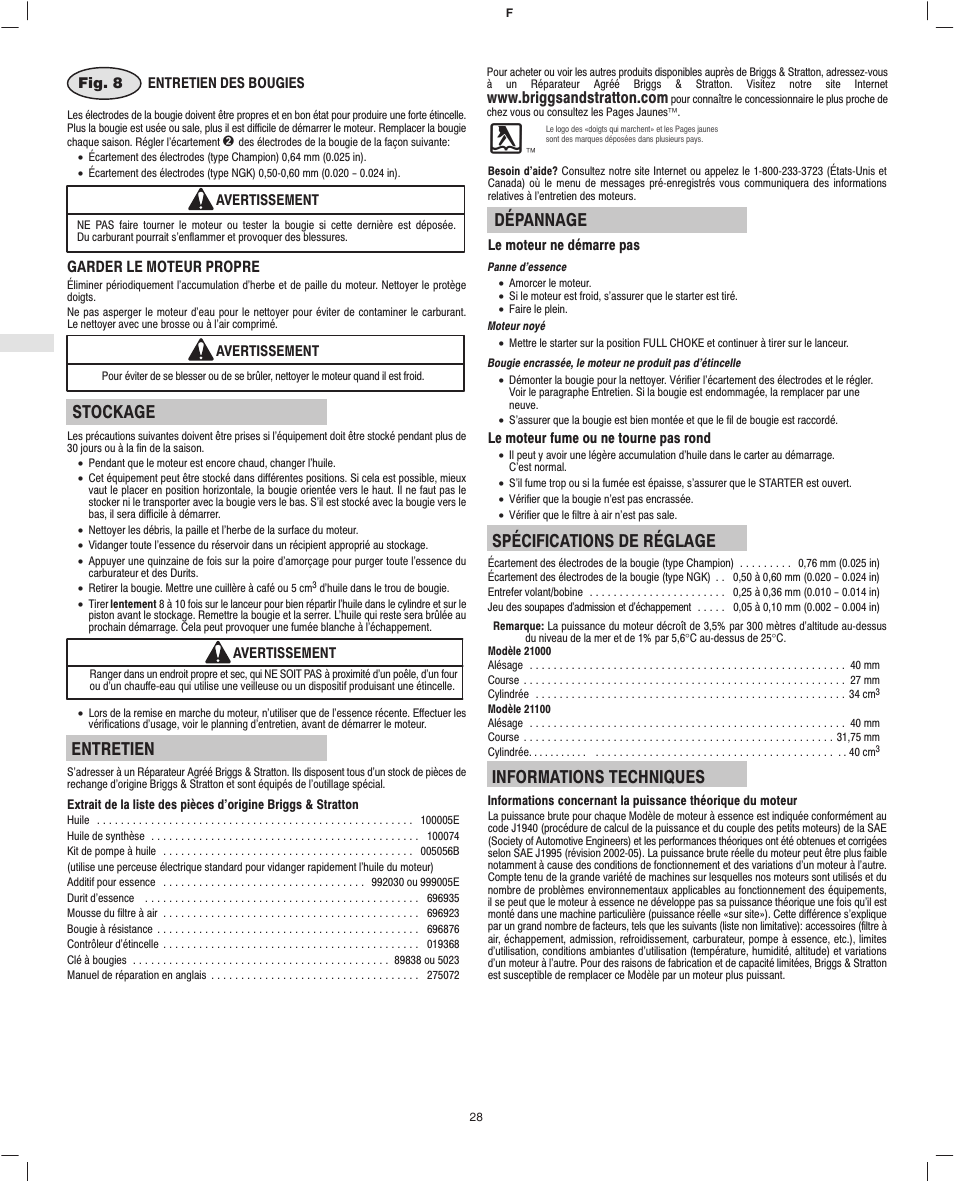 Stockage, Entretien, Dépannage | Spécifications de réglage, Informations techniques, Garder le moteur propre | Briggs & Stratton Fource 21100 User Manual | Page 30 / 76