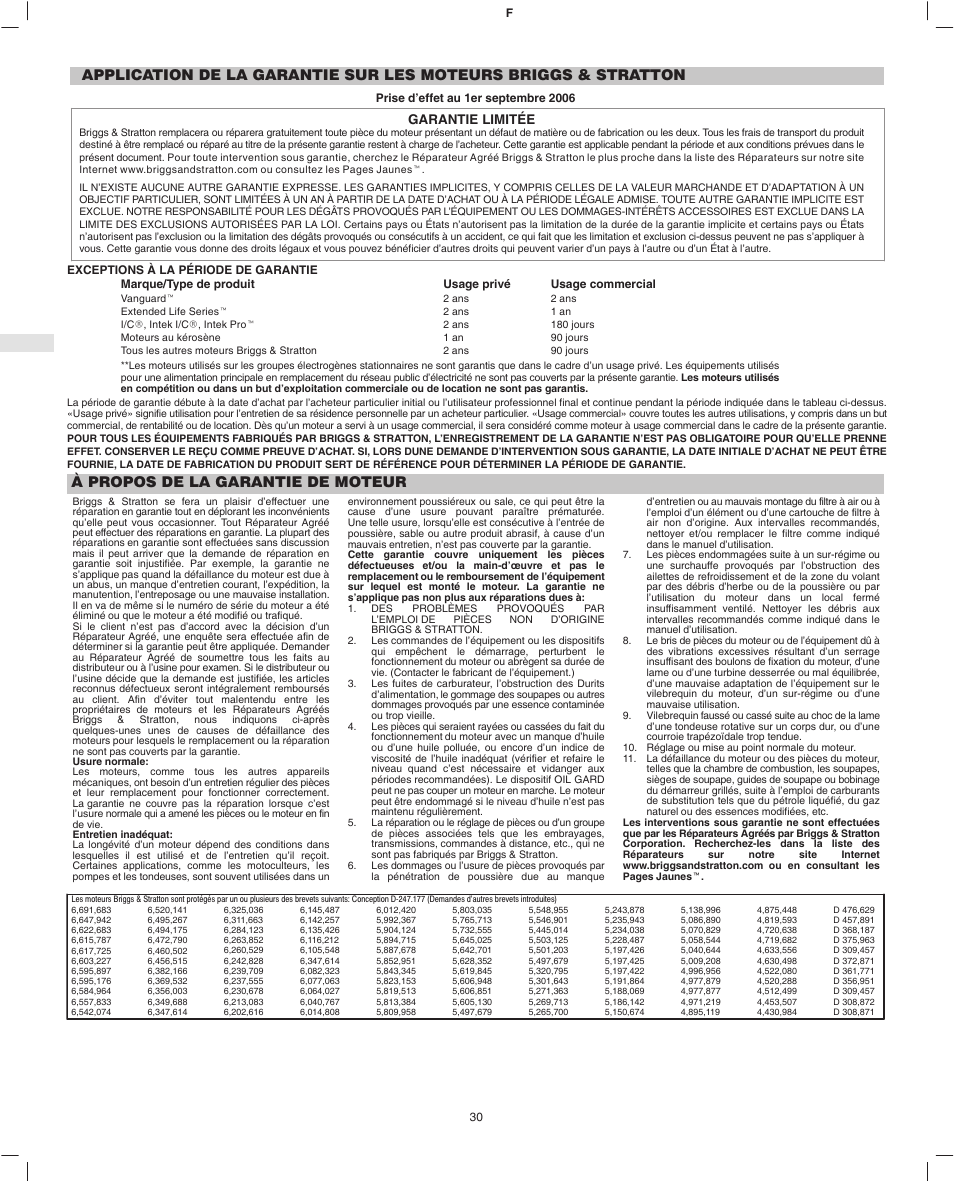 À propos de la garantie de moteur, Garantie limitée | Briggs & Stratton Fource 21100 User Manual | Page 32 / 76