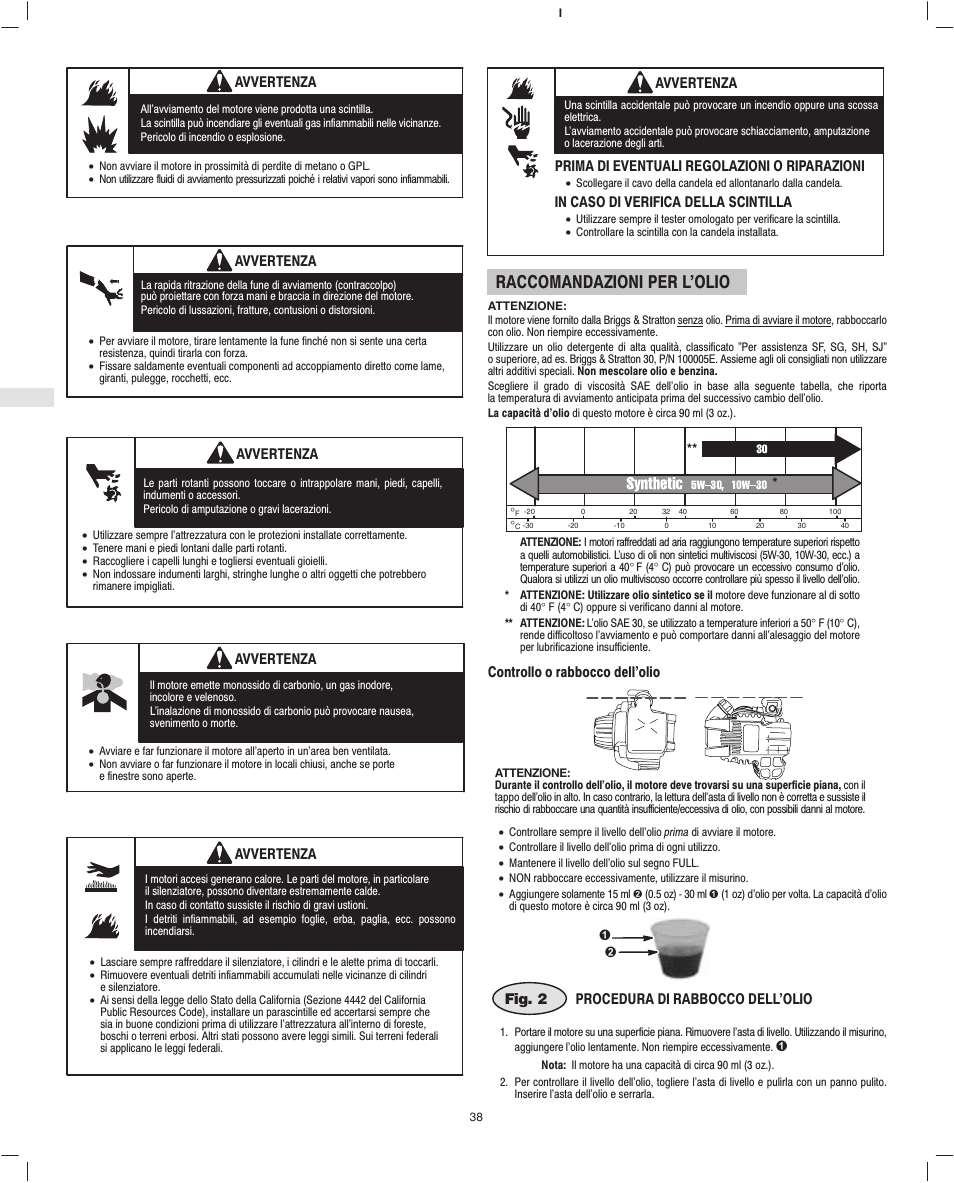 Raccomandazioni per l’olio | Briggs & Stratton Fource 21100 User Manual | Page 40 / 76