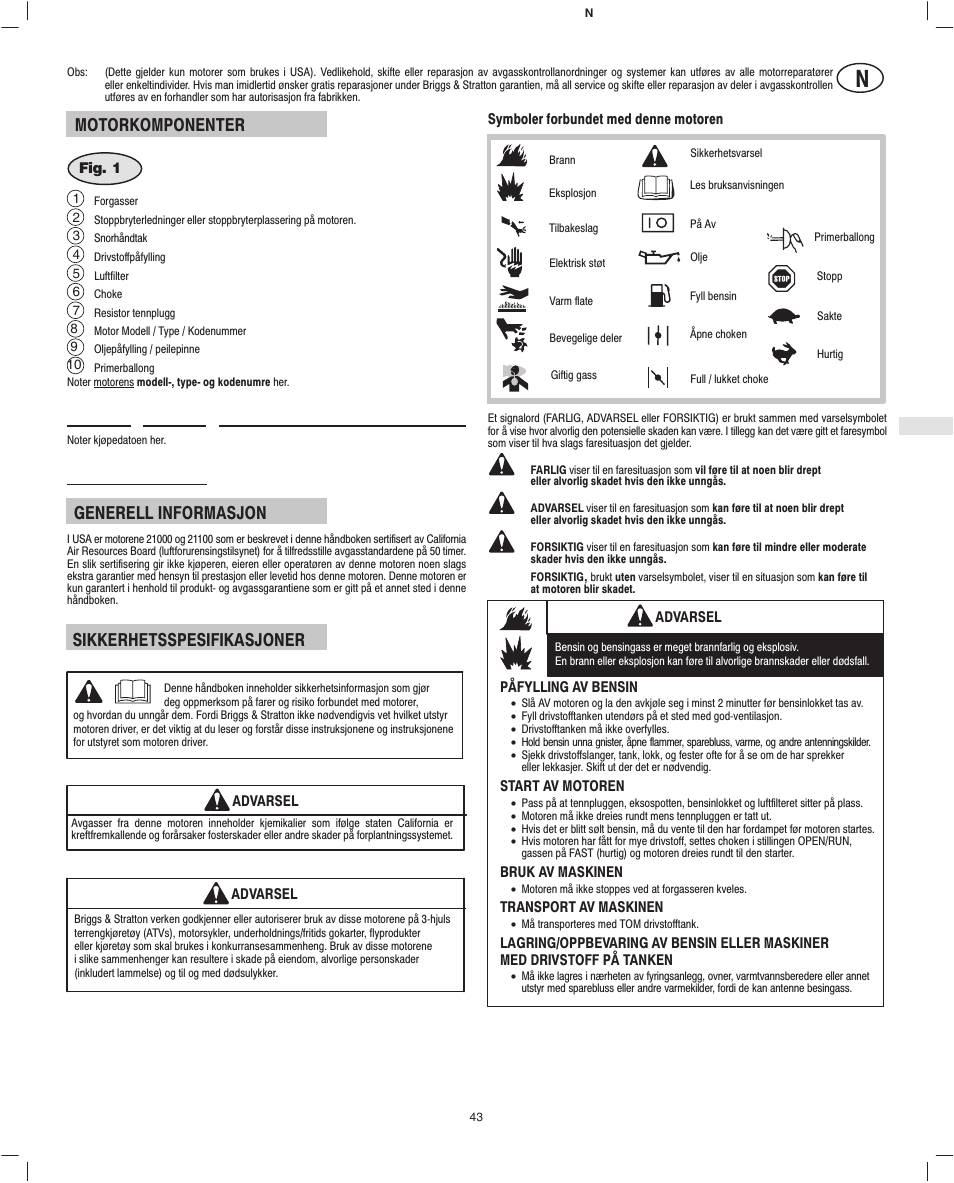 Motorkomponenter, Generell informasjon, Sikkerhetsspesifikasjoner | Briggs & Stratton Fource 21100 User Manual | Page 45 / 76