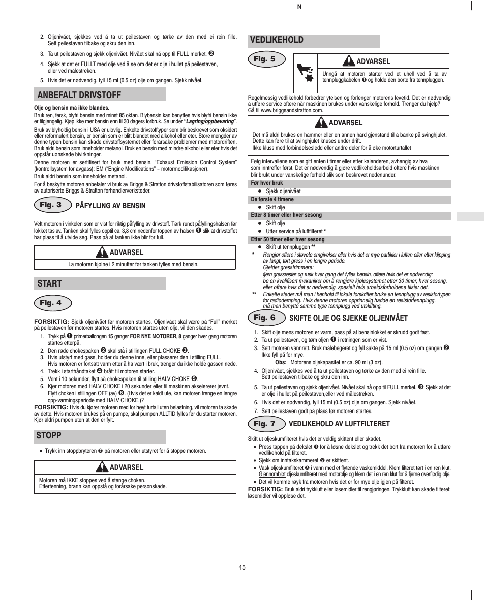 Anbefalt drivstoff, Start, Stopp | Vedlikehold | Briggs & Stratton Fource 21100 User Manual | Page 47 / 76