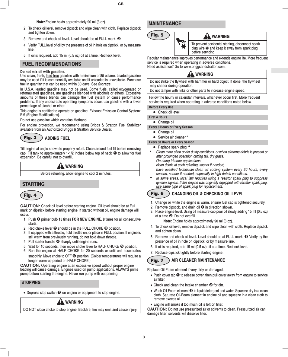 Fuel recommendations, Starting, Maintenance | Briggs & Stratton Fource 21100 User Manual | Page 5 / 76