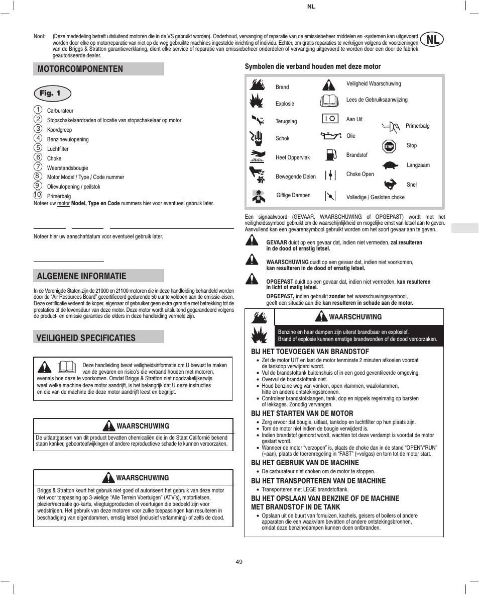 Motorcomponenten, Algemene informatie, Veiligheid specificaties | Briggs & Stratton Fource 21100 User Manual | Page 51 / 76