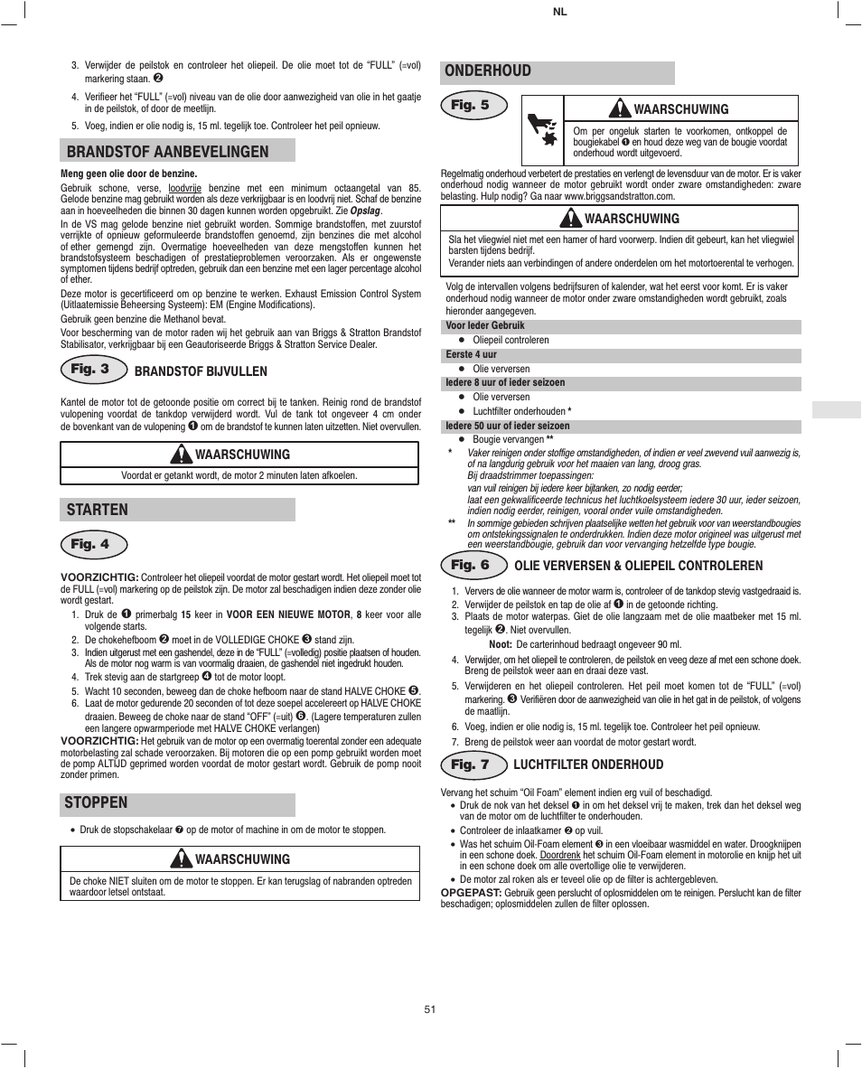 Brandstof aanbevelingen, Starten, Stoppen | Onderhoud | Briggs & Stratton Fource 21100 User Manual | Page 53 / 76