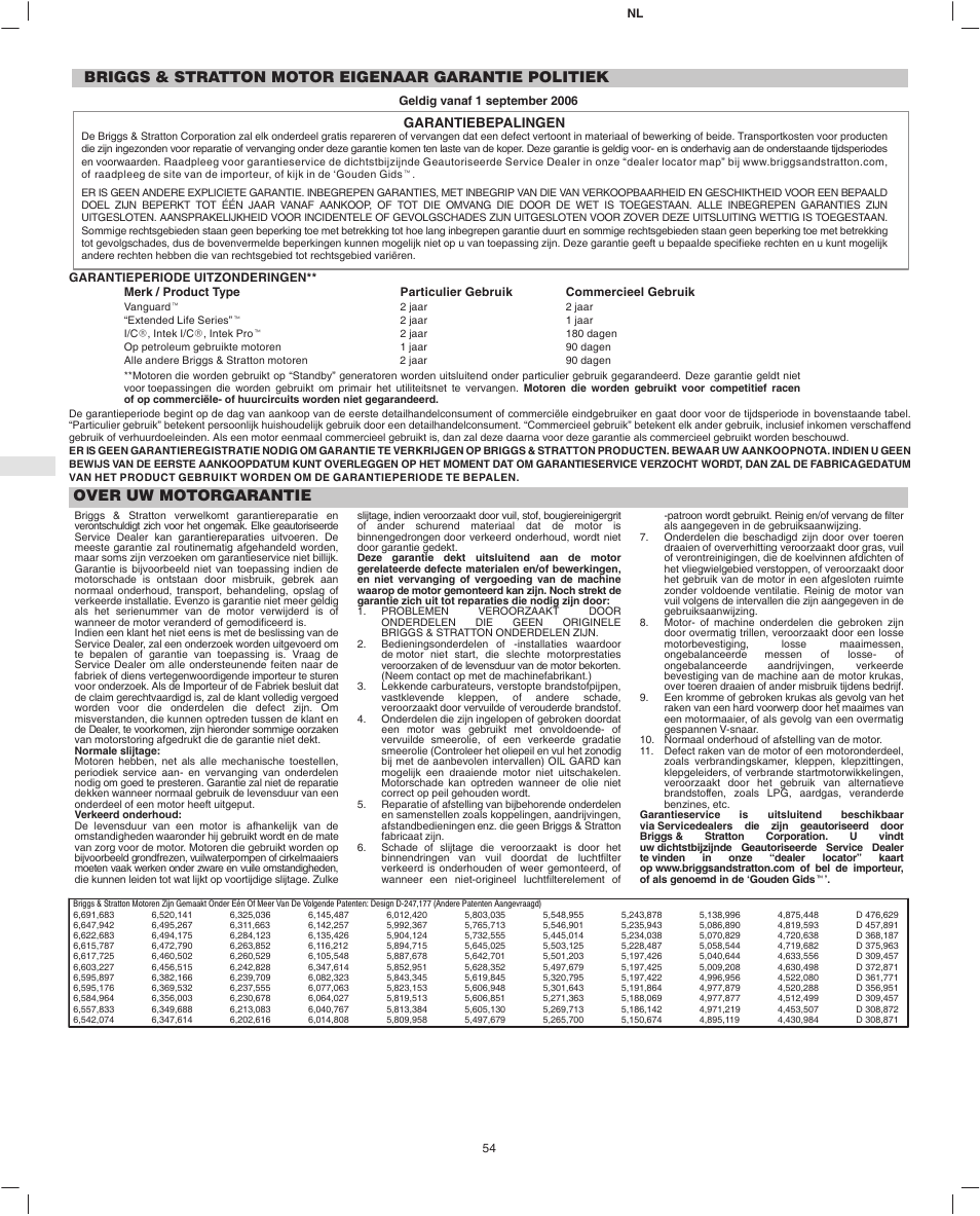 Briggs & stratton motor eigenaar garantie politiek, Over uw motorgarantie, Garantiebepalingen | Briggs & Stratton Fource 21100 User Manual | Page 56 / 76