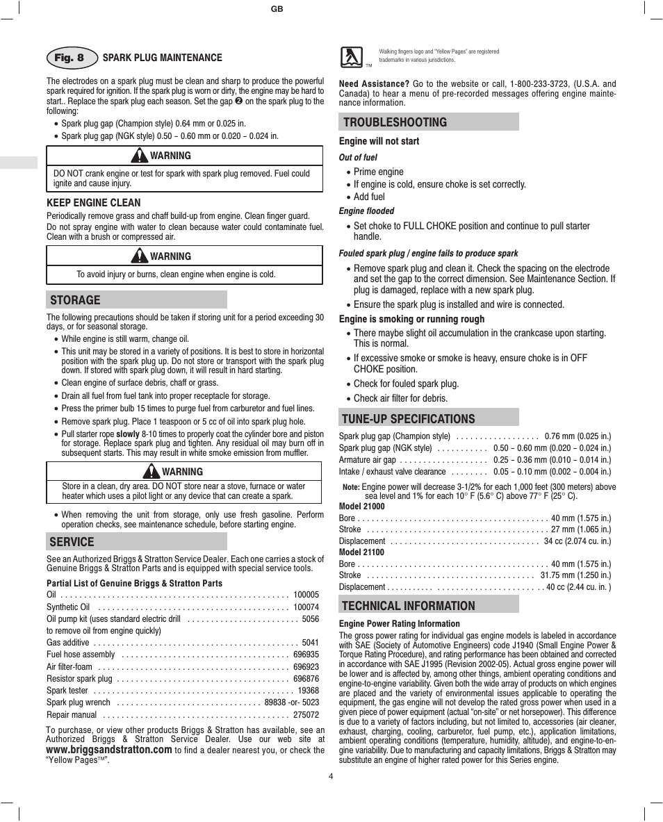 Storage, Service, Troubleshooting | Tune-up specifications, Technical information | Briggs & Stratton Fource 21100 User Manual | Page 6 / 76