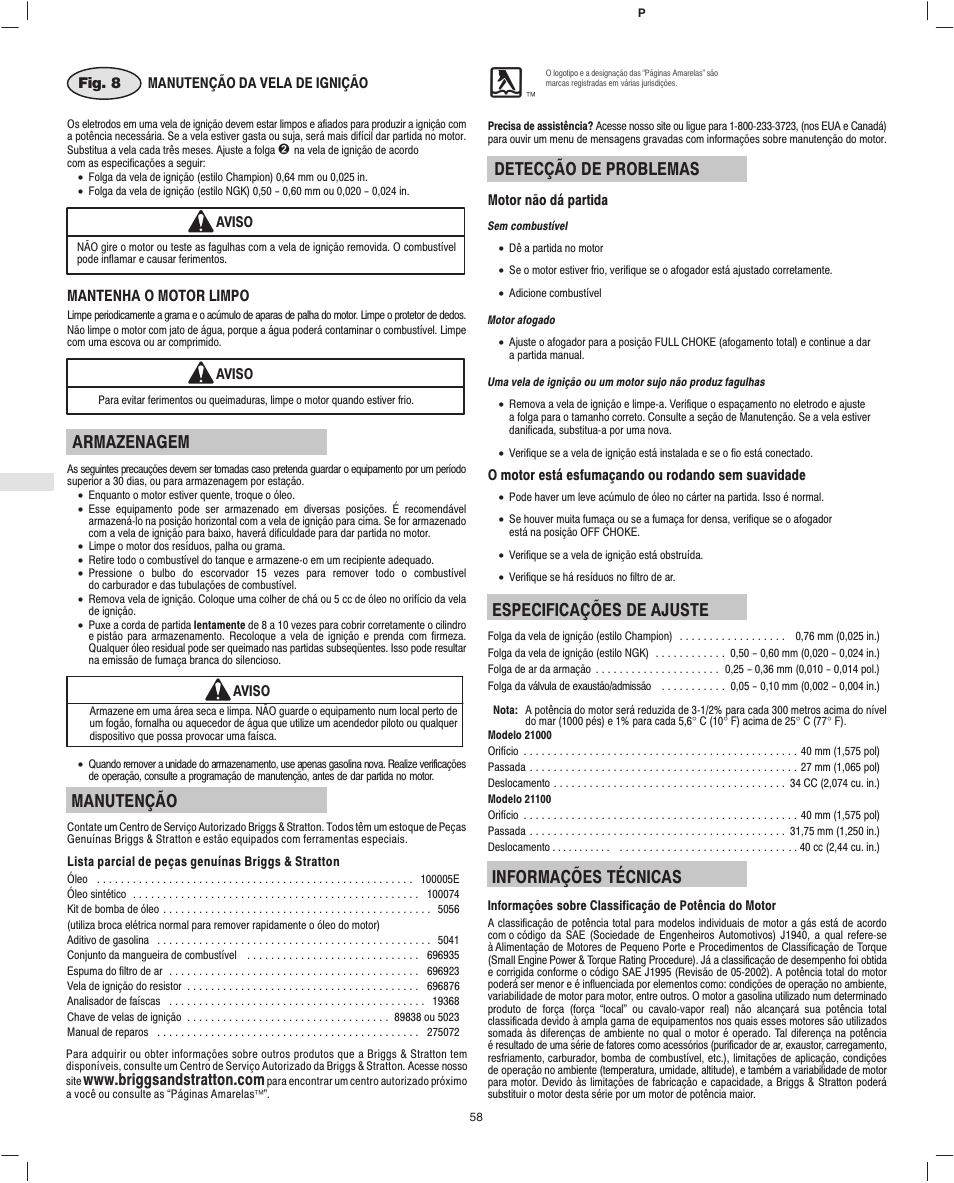 Armazenagem, Manutenção, Detecção de problemas | Especificações de ajuste, Informações técnicas, Mantenha o motor limpo | Briggs & Stratton Fource 21100 User Manual | Page 60 / 76