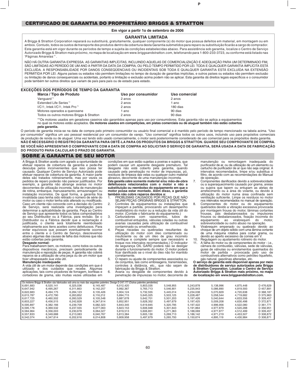 Sobre a garantia de seu motor, Garantia limitada | Briggs & Stratton Fource 21100 User Manual | Page 62 / 76