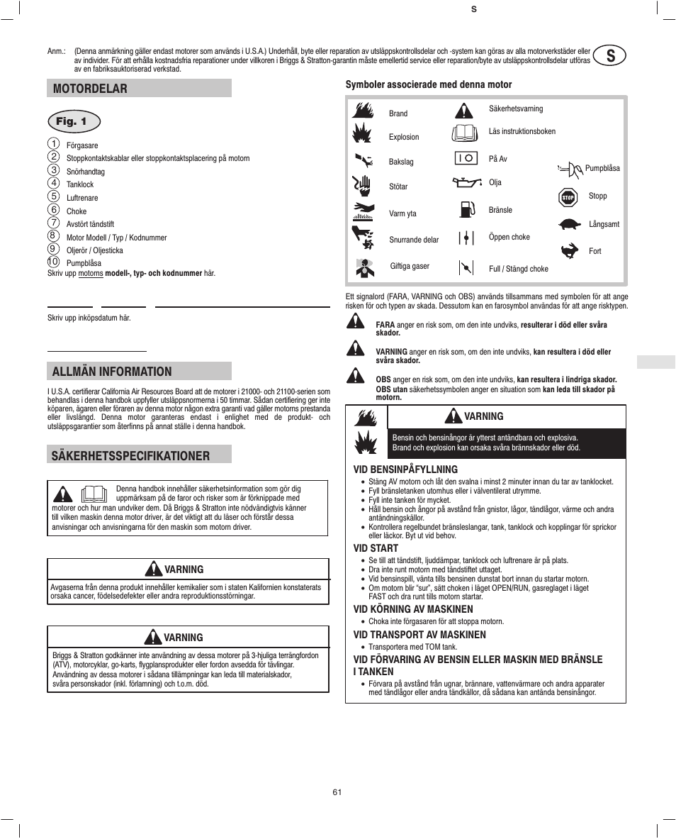 Motordelar, Allmän information, Säkerhetsspecifikationer | Briggs & Stratton Fource 21100 User Manual | Page 63 / 76