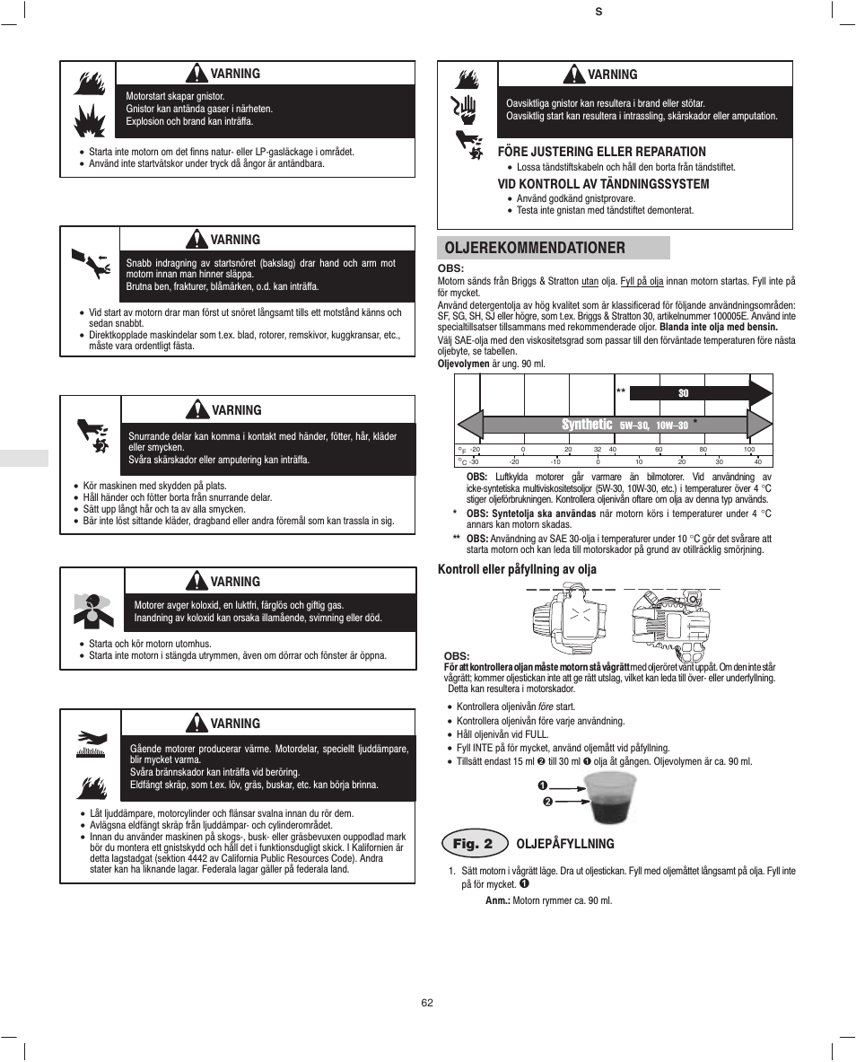 Oljerekommendationer | Briggs & Stratton Fource 21100 User Manual | Page 64 / 76