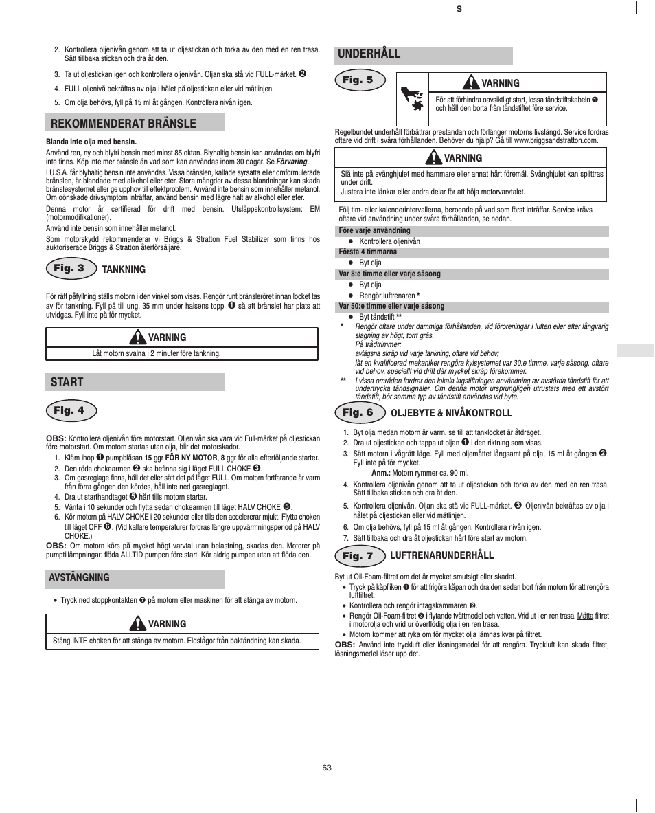 Rekommenderat bränsle, Start, Underhåll | Briggs & Stratton Fource 21100 User Manual | Page 65 / 76