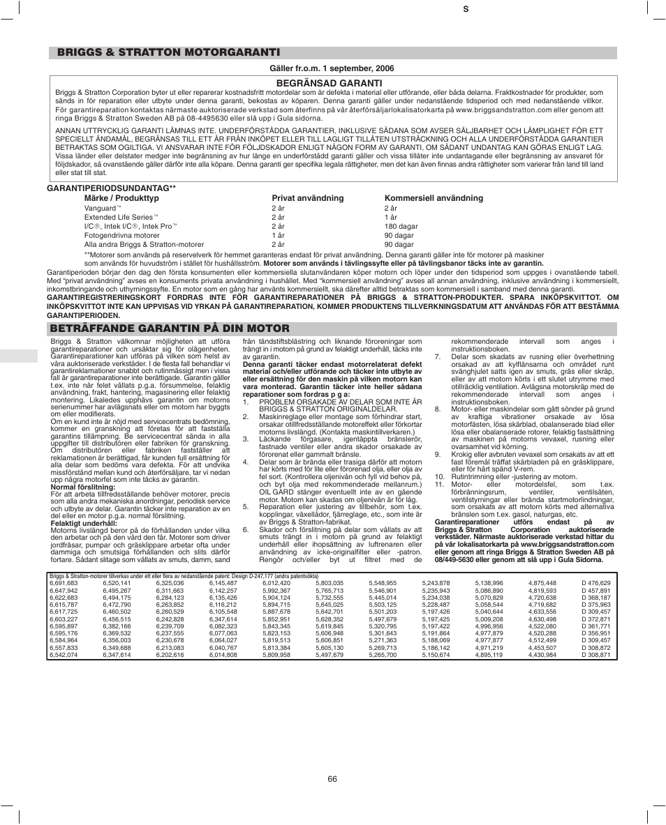 Briggs & stratton motorgaranti, Beträffande garantin på din motor, Begränsad garanti | Briggs & Stratton Fource 21100 User Manual | Page 68 / 76