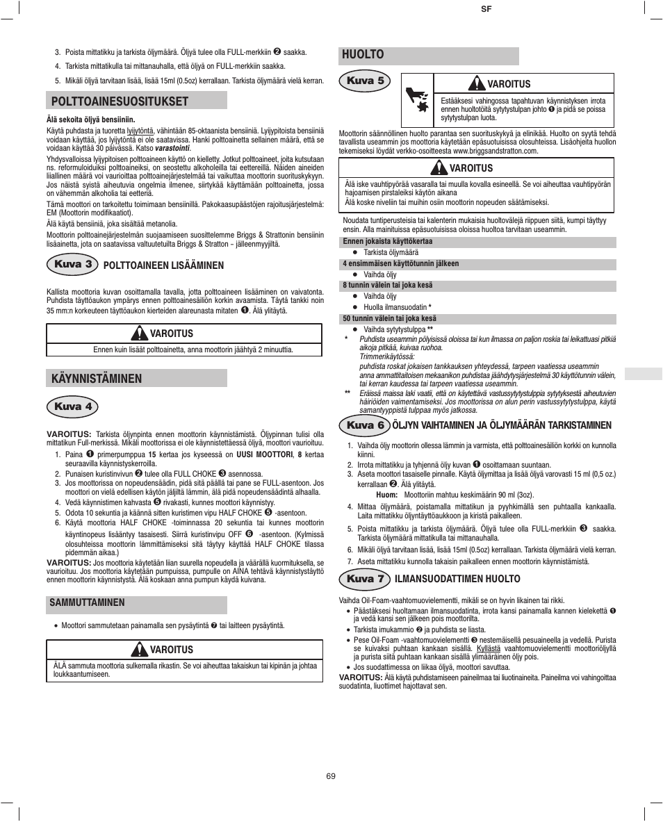 Polttoainesuositukset, Käynnistäminen, Huolto | Briggs & Stratton Fource 21100 User Manual | Page 71 / 76