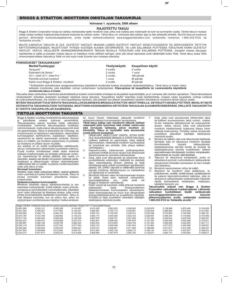 Briggs & stratton -moottorin omistajan takuukirja, Tietoja moottorin takuusta, Rajoitettu takuu | Briggs & Stratton Fource 21100 User Manual | Page 74 / 76
