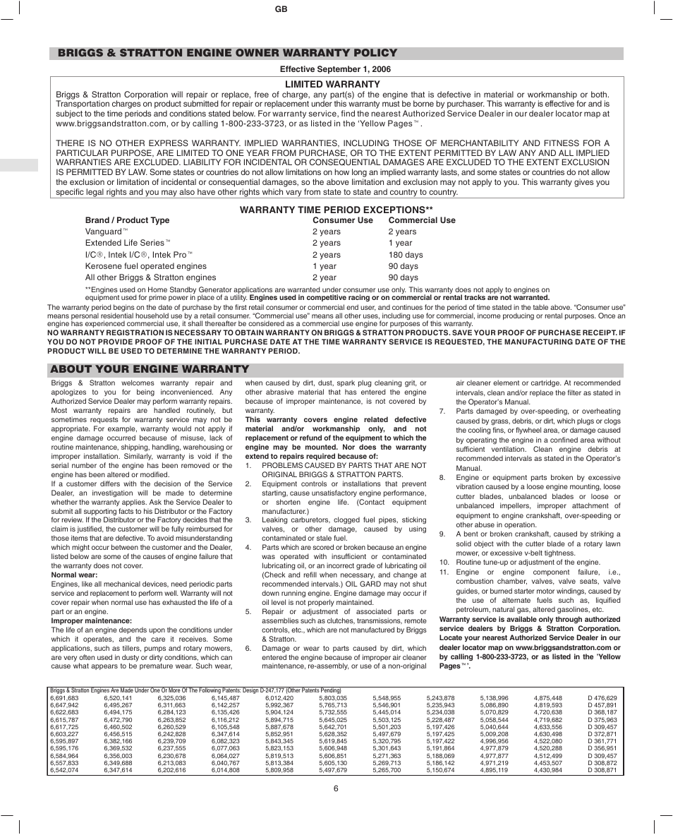 Briggs & stratton engine owner warranty policy, About your engine warranty, Limited warranty | Warranty time period exceptions | Briggs & Stratton Fource 21100 User Manual | Page 8 / 76