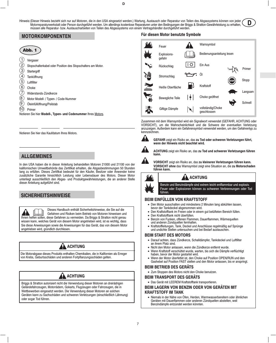 Motorkomponenten, Allgemeines, Sicherheitshinweise | Briggs & Stratton Fource 21100 User Manual | Page 9 / 76