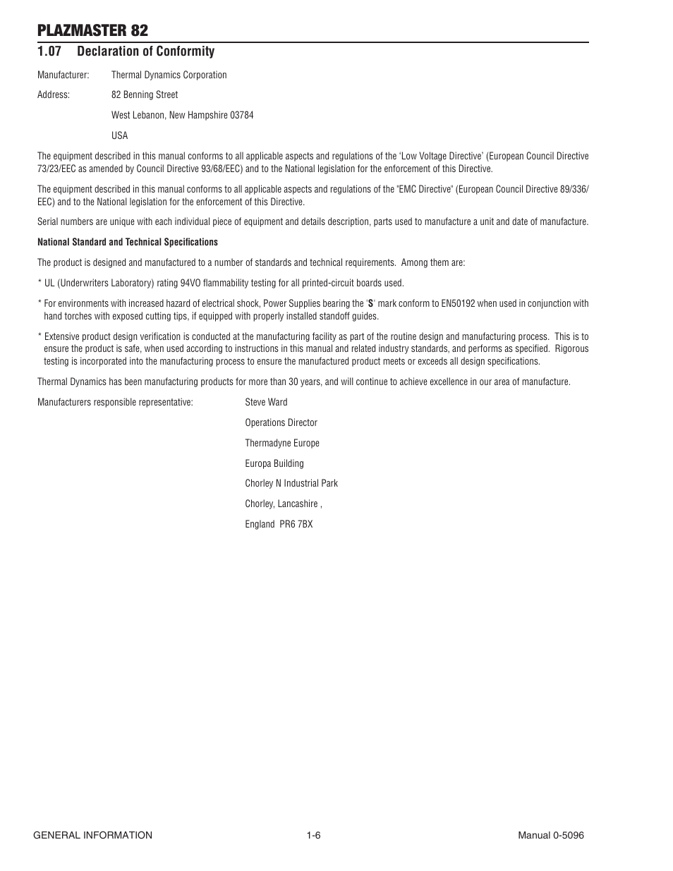 Plazmaster 82, 07 declaration of conformity | Tweco 82 PlazMaster User Manual | Page 12 / 80