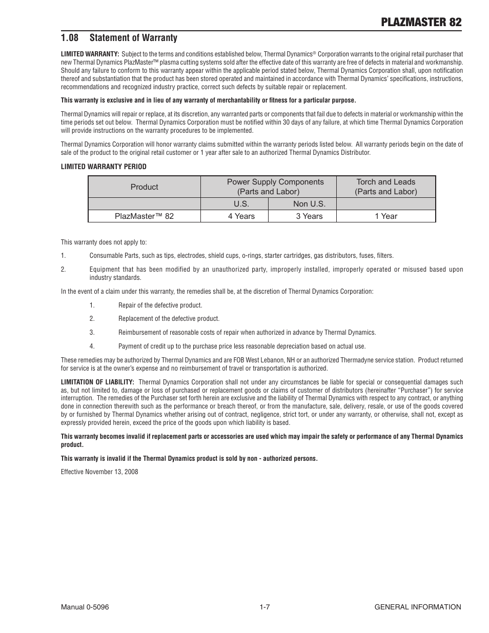 Plazmaster 82, 08 statement of warranty | Tweco 82 PlazMaster User Manual | Page 13 / 80