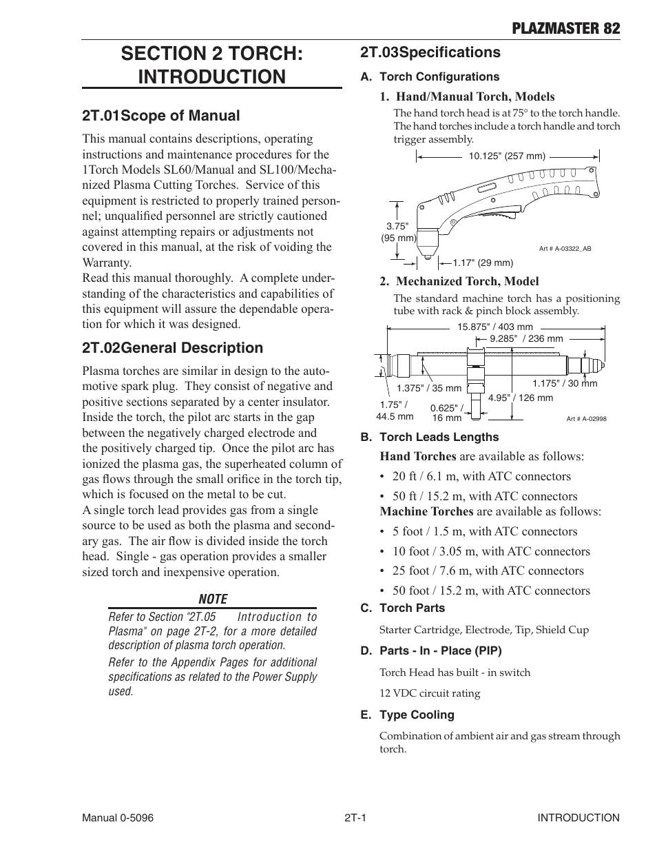 Plazmaster 82, 2t.01 scope of manual, 2t.02 general description | 2t.03 specifications | Tweco 82 PlazMaster User Manual | Page 19 / 80