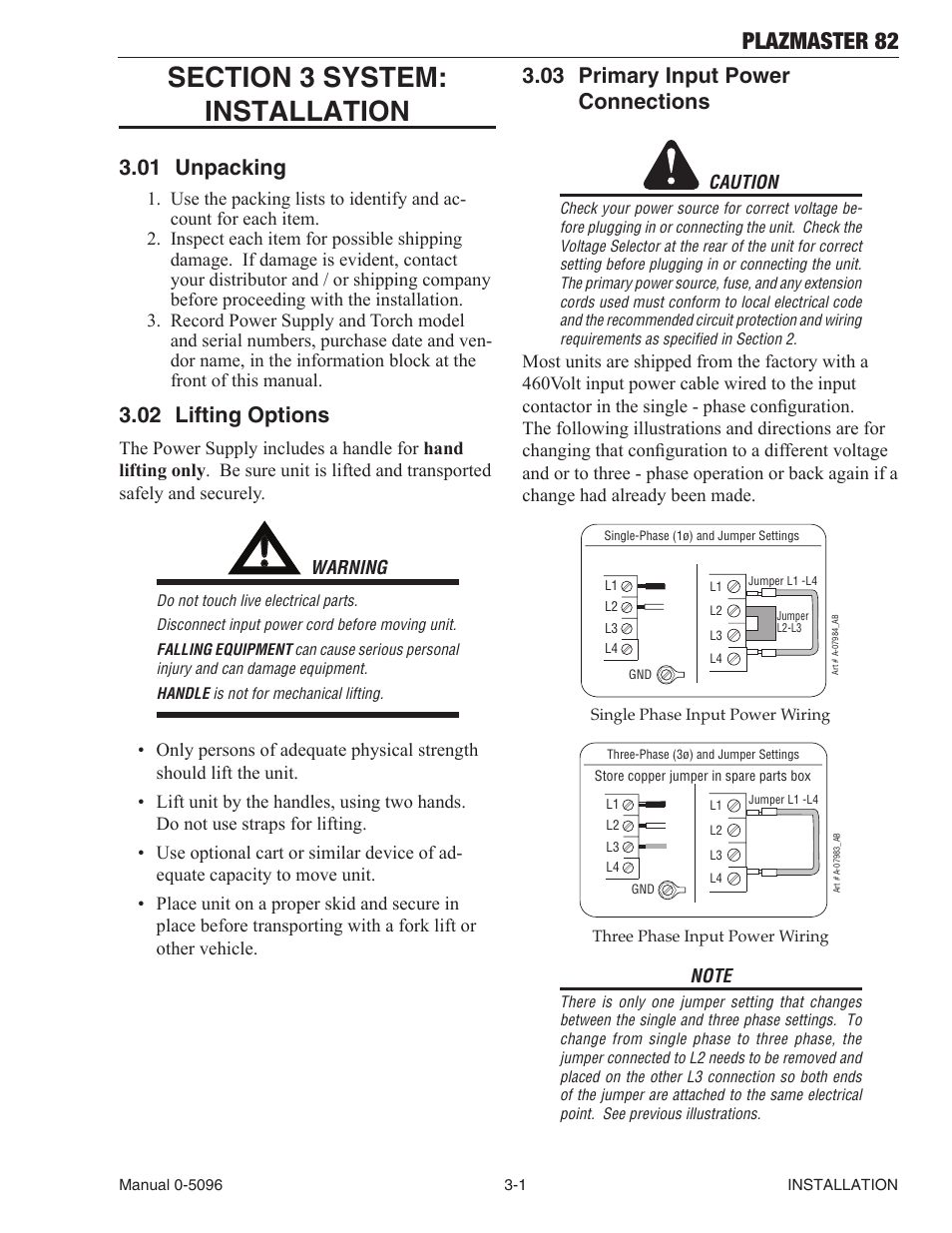 Plazmaster 82, 01 unpacking, 02 lifting options | 03 primary input power connections | Tweco 82 PlazMaster User Manual | Page 23 / 80