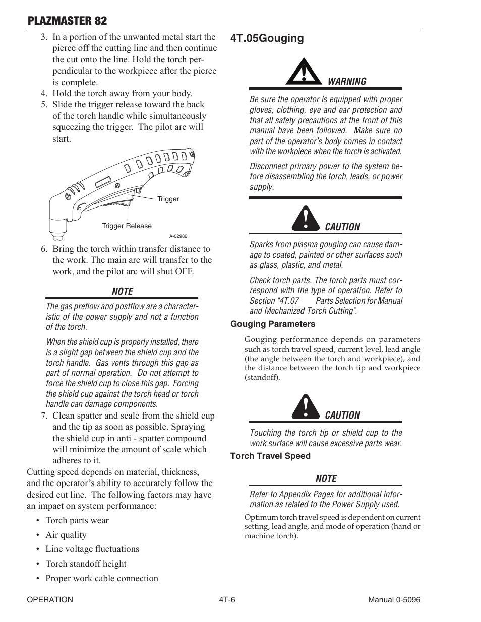 Plazmaster 82, 4t.05 gouging | Tweco 82 PlazMaster User Manual | Page 38 / 80