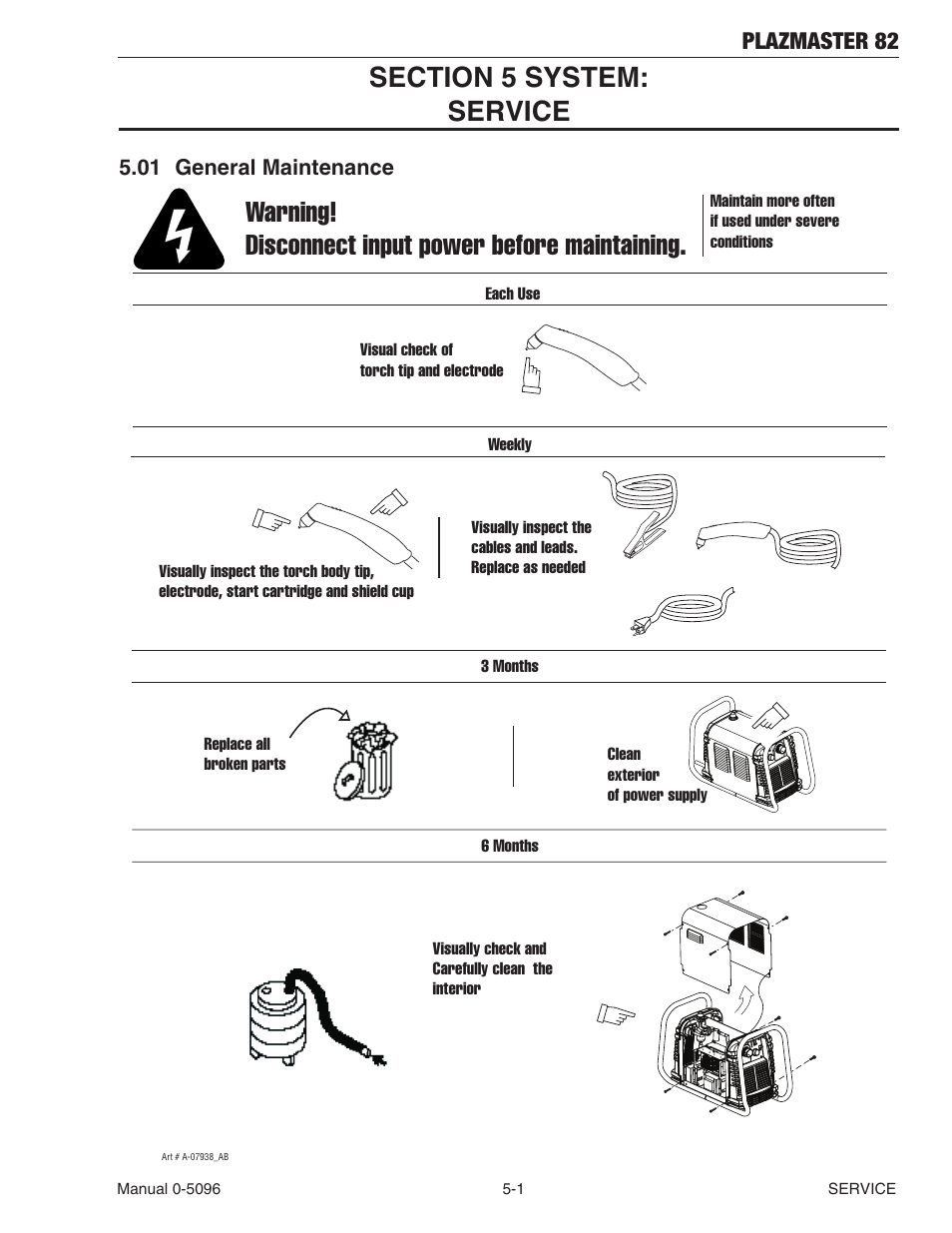 Warning! disconnect input power before maintaining, Plazmaster 82 | Tweco 82 PlazMaster User Manual | Page 53 / 80