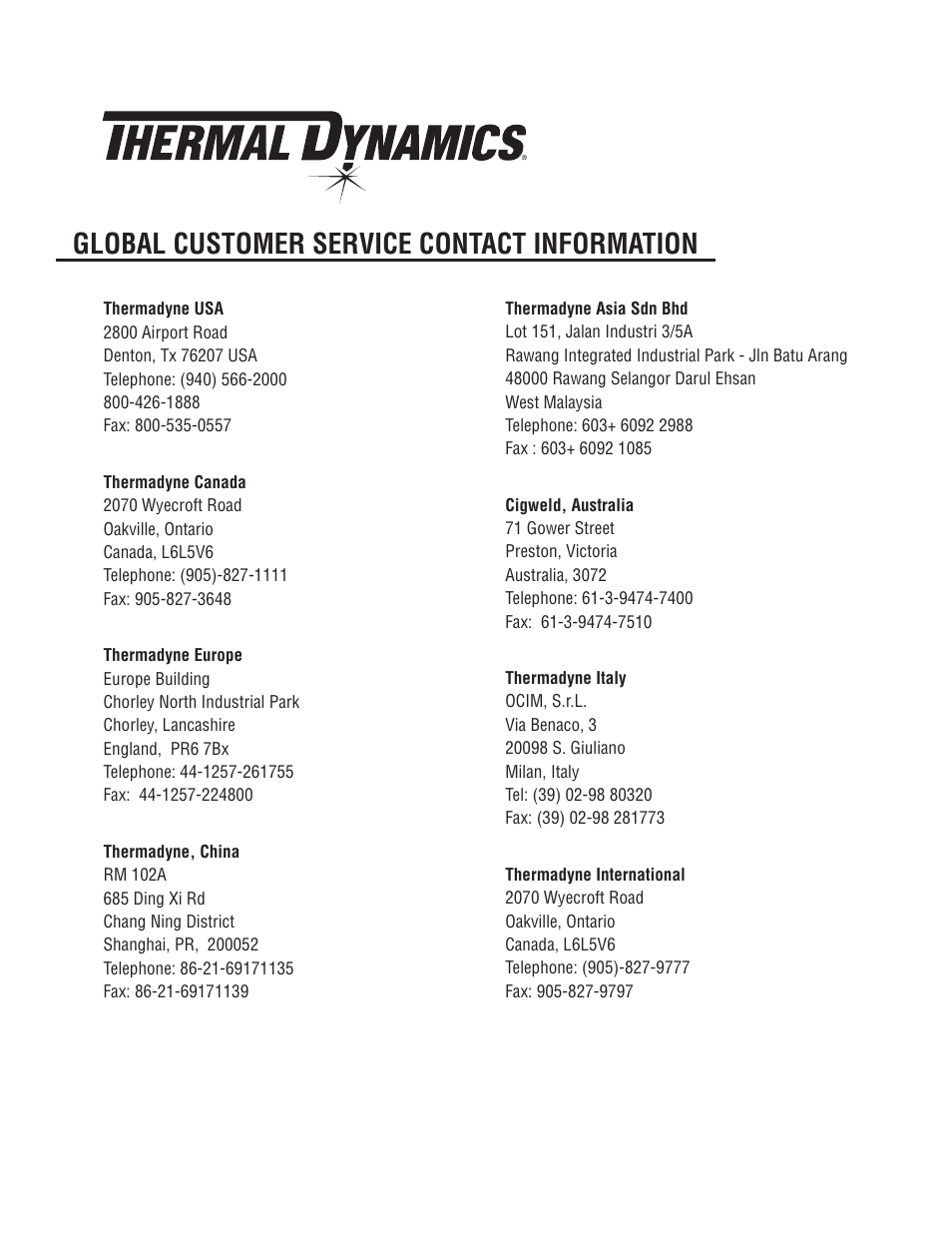 Global customer service contact information | Tweco 82 PlazMaster User Manual | Page 79 / 80