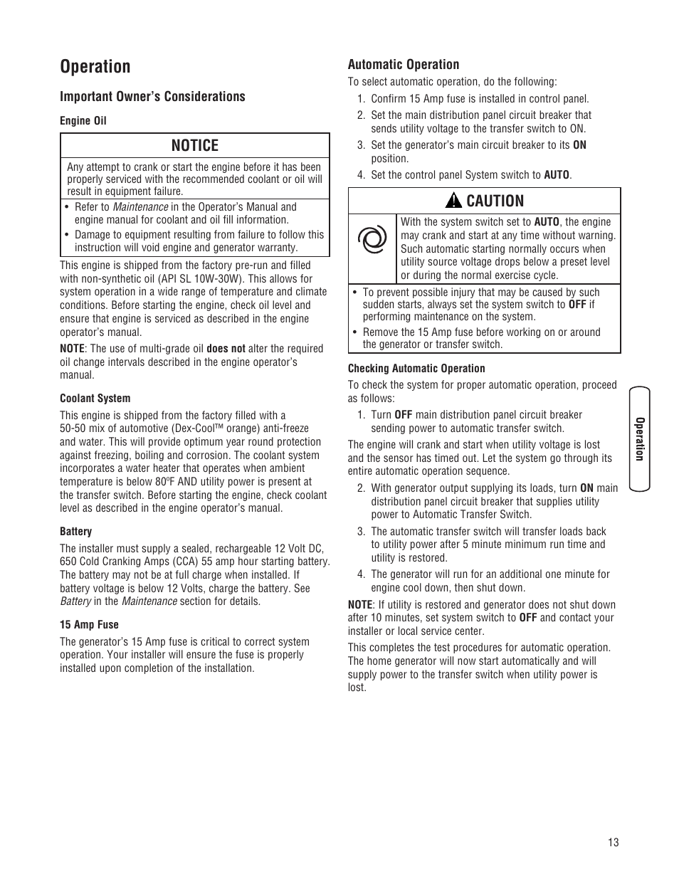 Operation, Notice, Caution | Briggs & Stratton 205051GS User Manual | Page 13 / 68