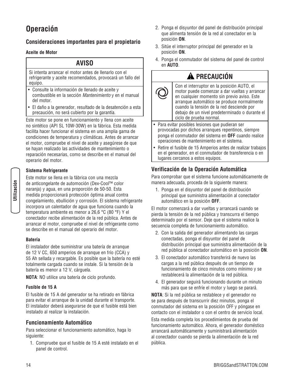 Operación, Aviso, Precaución | Briggs & Stratton 205051GS User Manual | Page 36 / 68