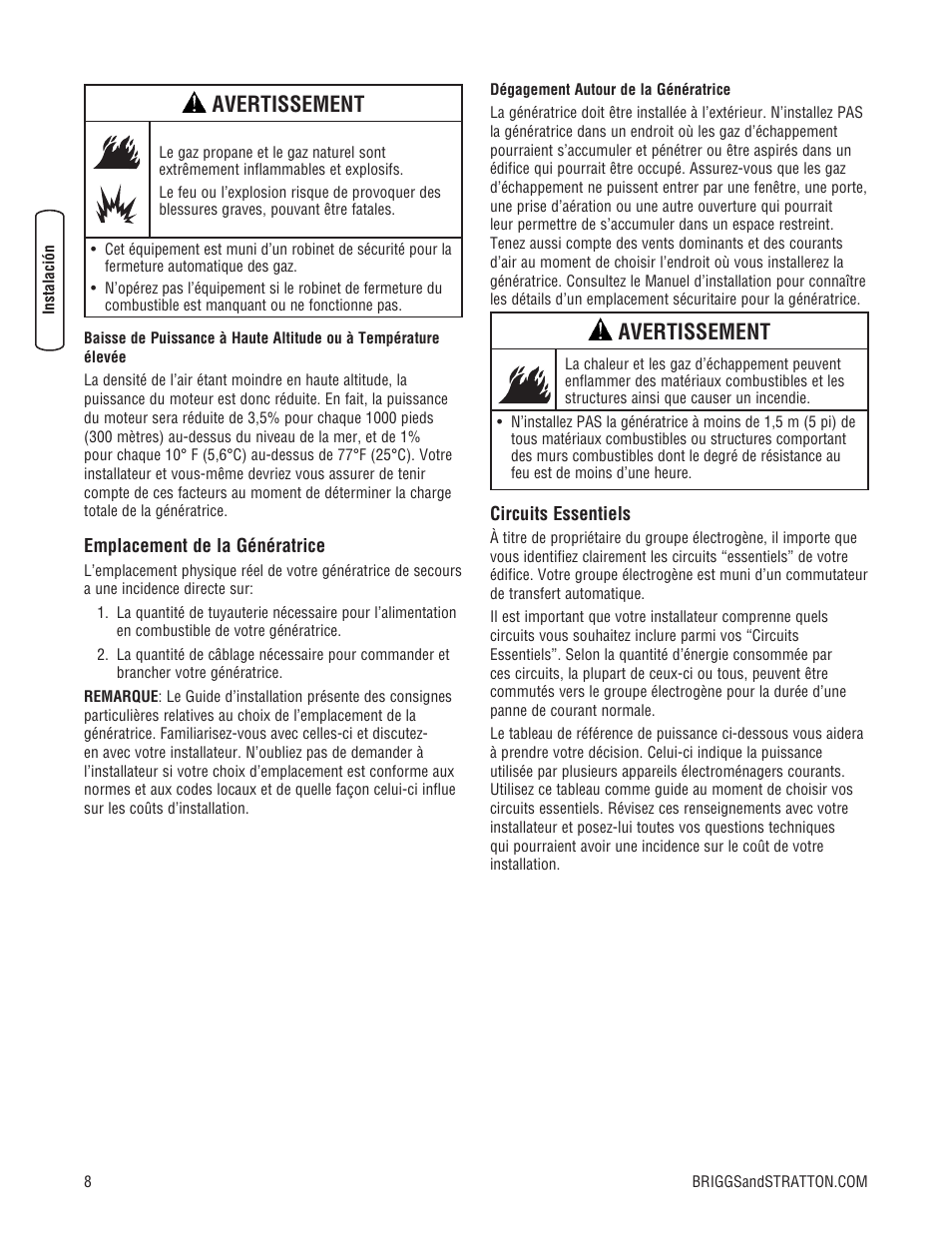 Avertissement | Briggs & Stratton 205051GS User Manual | Page 54 / 68