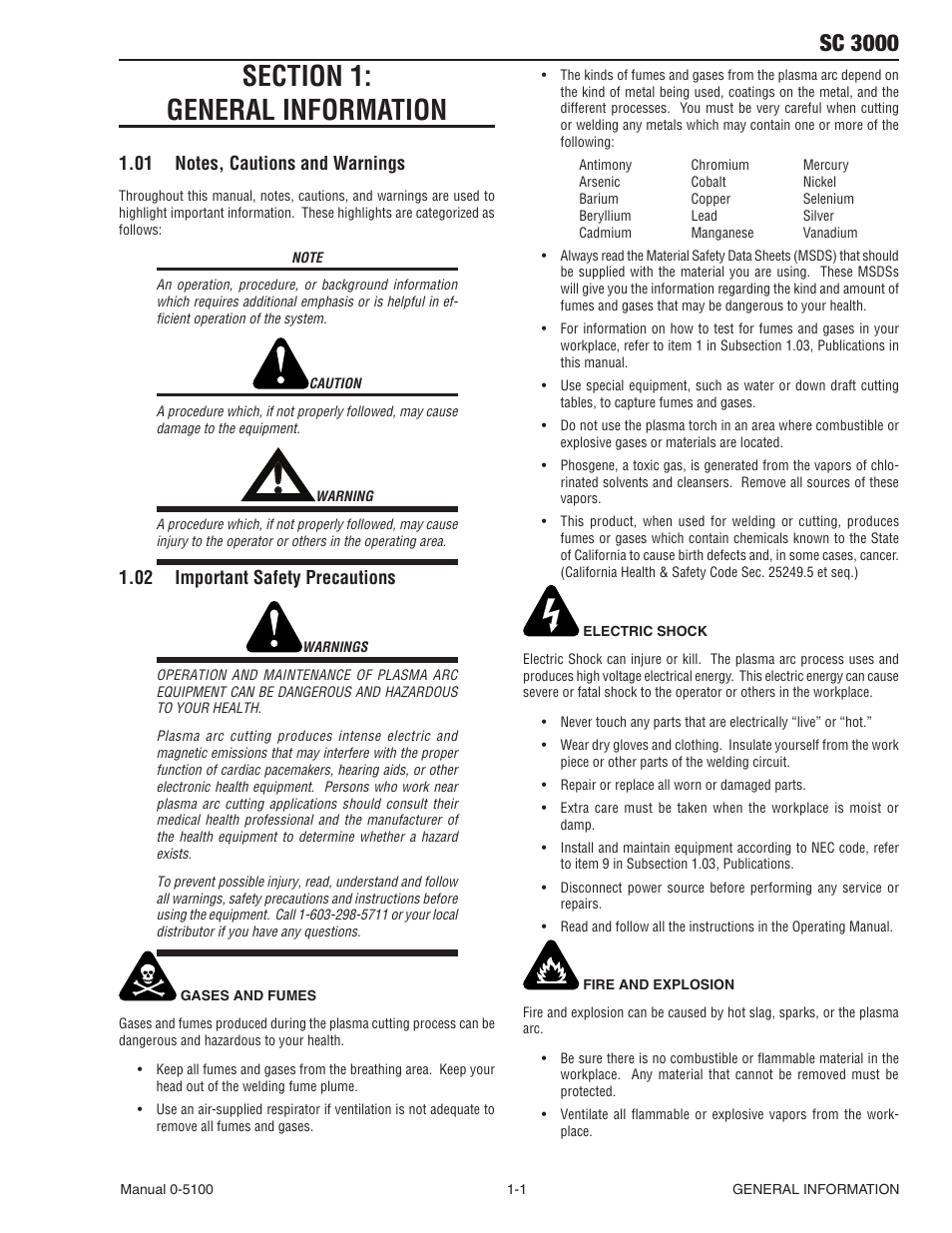 Section 1:general information, 01 notes, cautions and warnings, 02 important safety precautions | Section 1:general information -1, Notes, cautions and warnings -1, Important safety precautions -1, Sc 3000 | Tweco SC-3000 User Manual | Page 7 / 86