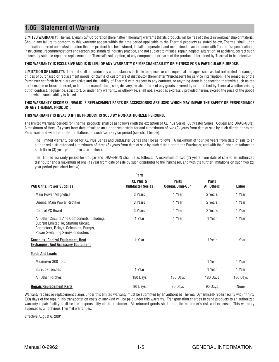 05 statement of warranty | Tweco SL100 User Manual | Page 11 / 86
