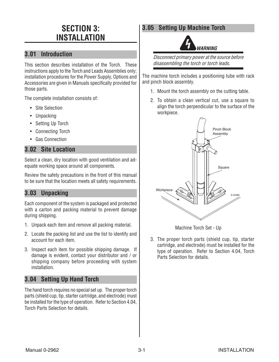 01 introduction, 02 site location, 03 unpacking | 04 setting up hand torch, 05 setting up machine torch | Tweco SL100 User Manual | Page 17 / 86