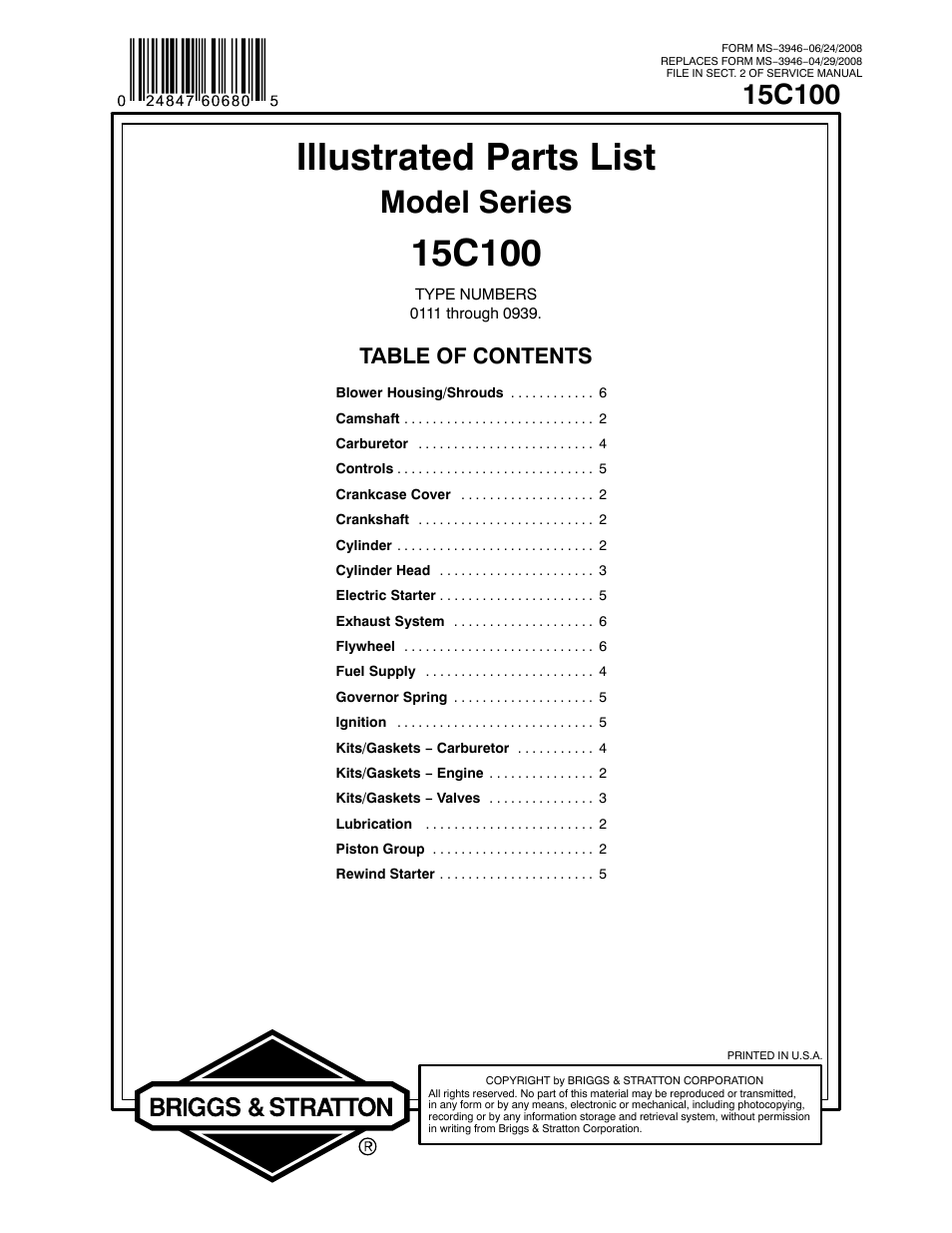 Briggs & Stratton 15C100 User Manual | 9 pages