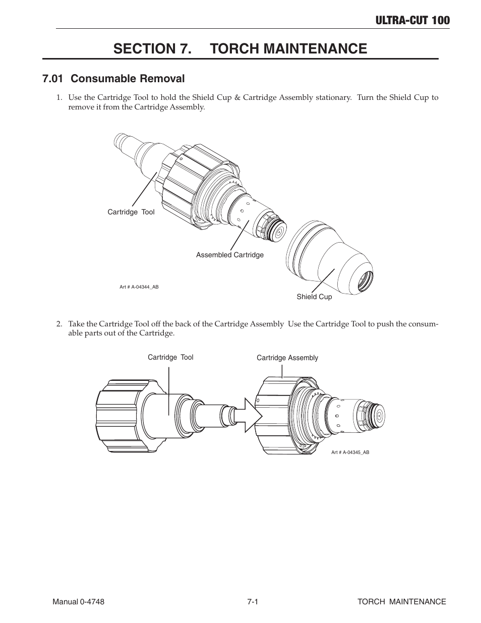 Section 7. torch maintenance, 01 consumable removal, Section 7. torch maintenance -1 | 01 consumable removal -1, Ultra-cut 100 | Tweco 100 Ultra-Cut User Manual | Page 115 / 164