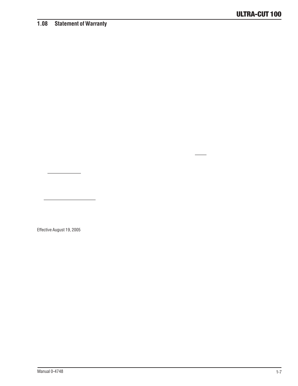 08 statement of warranty, 08 statement of warranty -7, Ultra-cut 100 | Tweco 100 Ultra-Cut User Manual | Page 15 / 164
