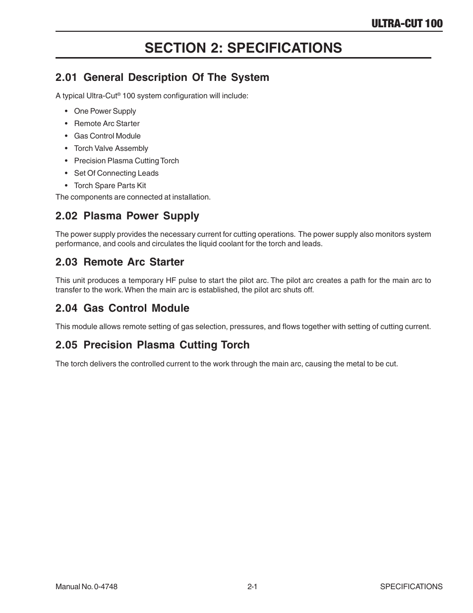 Section 2: specifications, 01 general description of the system, 02 plasma power supply | 03 remote arc starter, 04 gas control module, 05 precision plasma cutting torch, Section 2: specifications -1, Ultra-cut 100 | Tweco 100 Ultra-Cut User Manual | Page 17 / 164